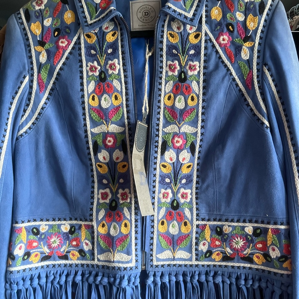 Double D Ranch leather fringe jacket floral embroidered cross stitch RTL $1200 - Picture 6 of 9